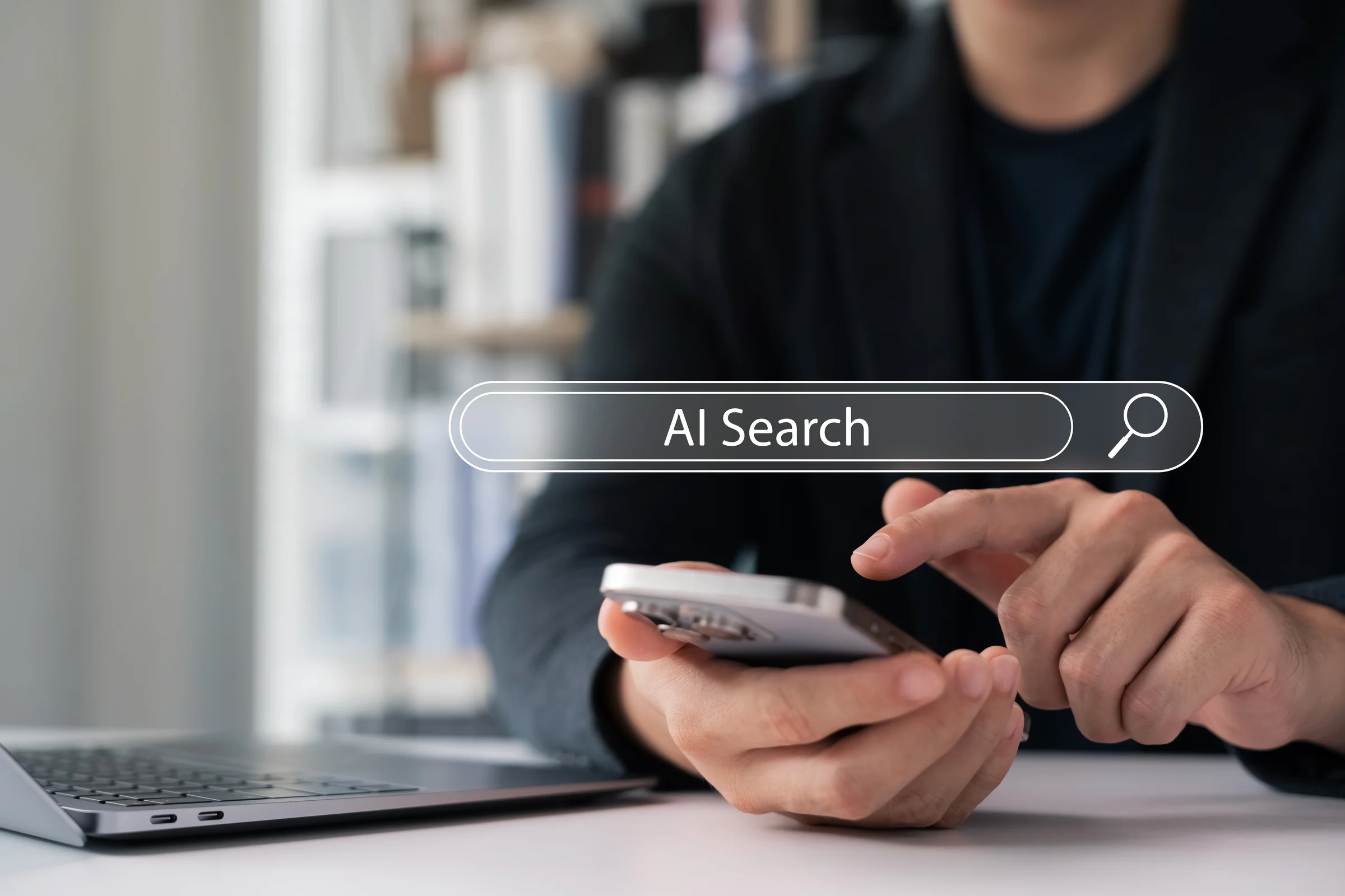 Man using smartphone with AI search bar overlay. Modern concept of artificial intelligence, smart search engine, future technology, and digital assistant for mobile information access.