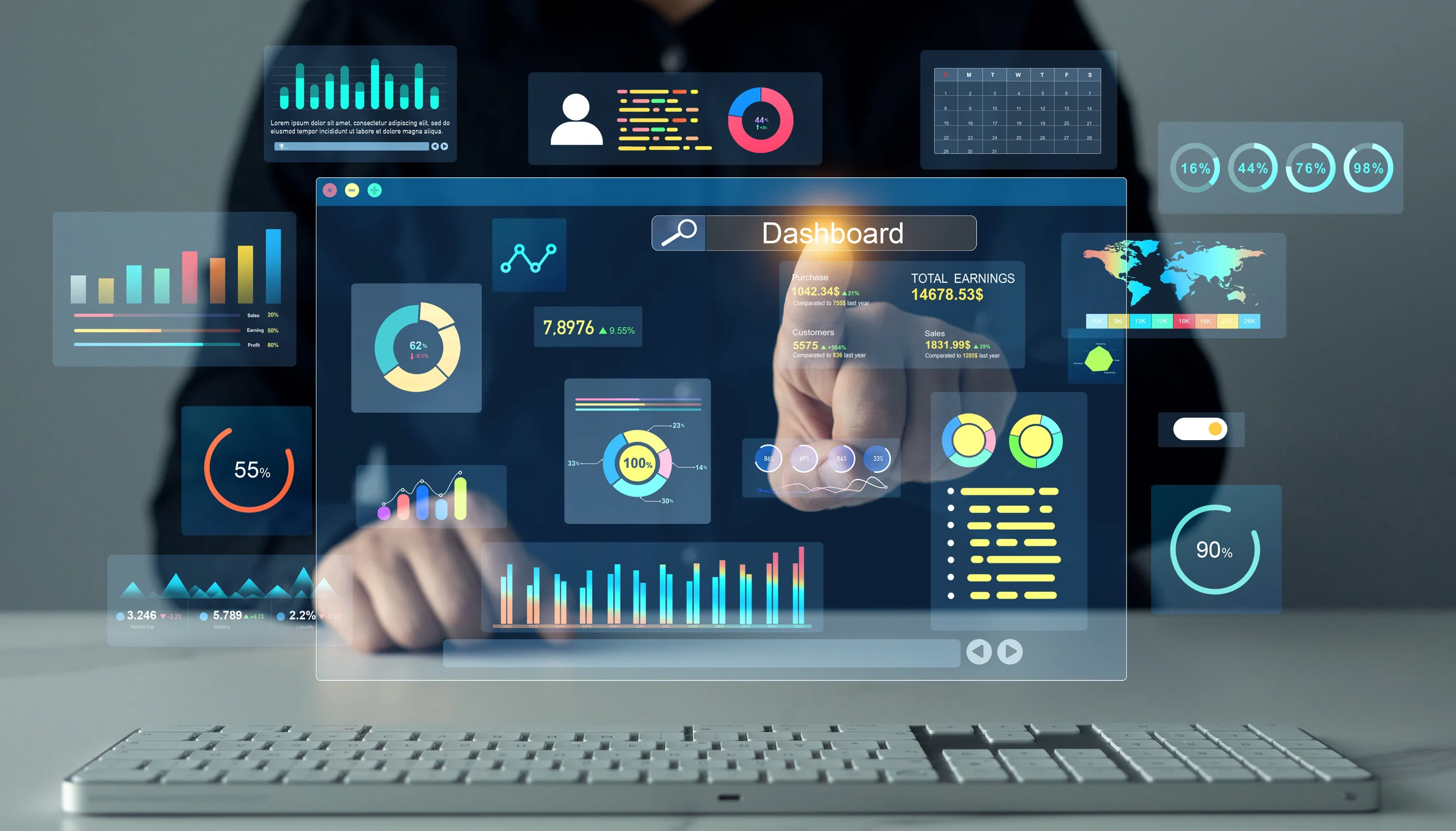Data System KPI and metrics connected in database for follow earnings,operations and sales data.Businessman using KPI dashboard.Financial business KPI System data analytics graph dashboard