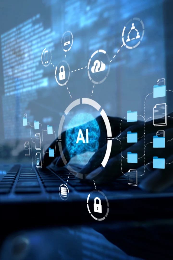 Businesswoman working modern compter Ai Document Management System (DMS),Virtual online documentation database and process automation to efficiently manage files, knowledge and documentation in enterprise with ERP.