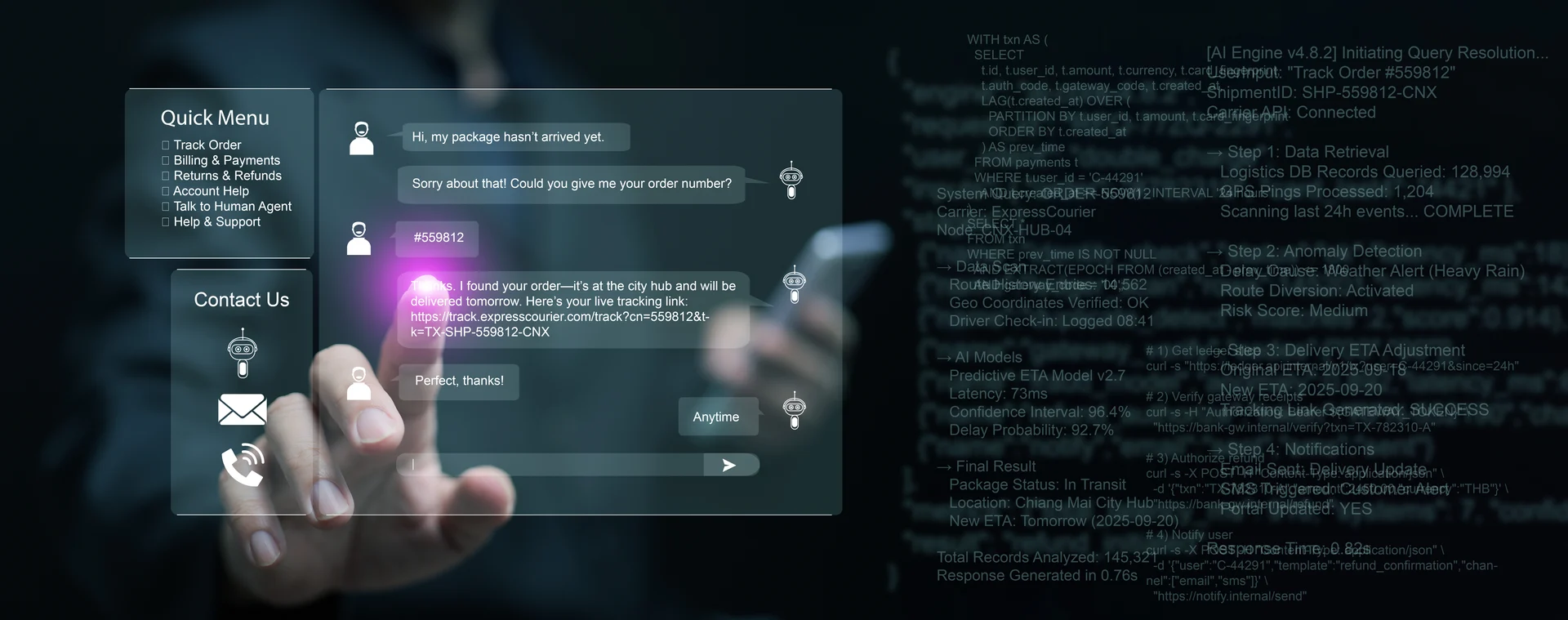 Smart virtual assistant and chatbot technology offering fast solutions for shipping issues, using AI automation and data processing to support customer experience in online business.