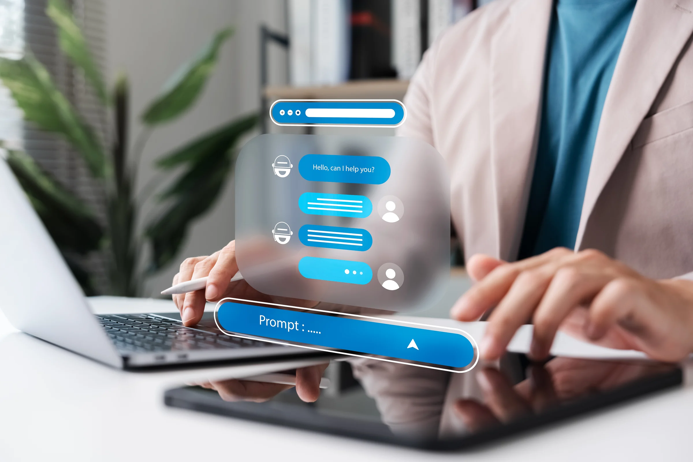 AI chatbots and automated conversations in digital business, businessman interacting with virtual chat interfaces on laptops and tablets to support and communicate with customers.